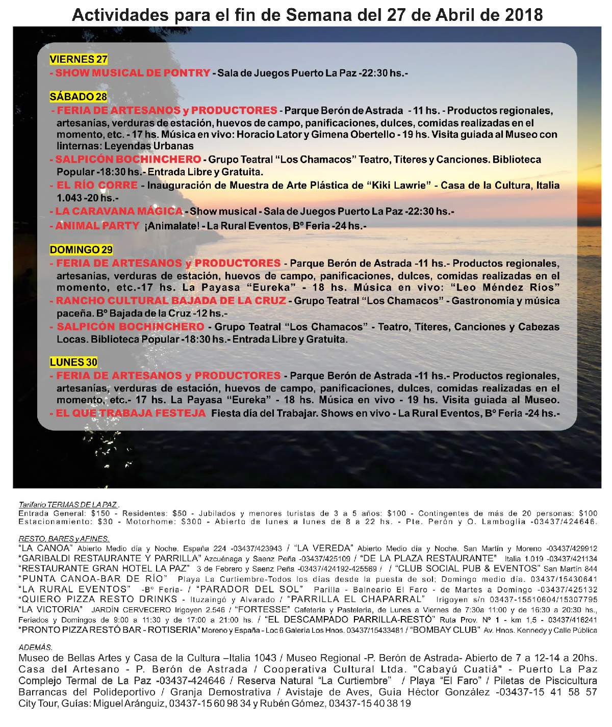 Actividades para el fin de Semana del 27 de Abril de 2018