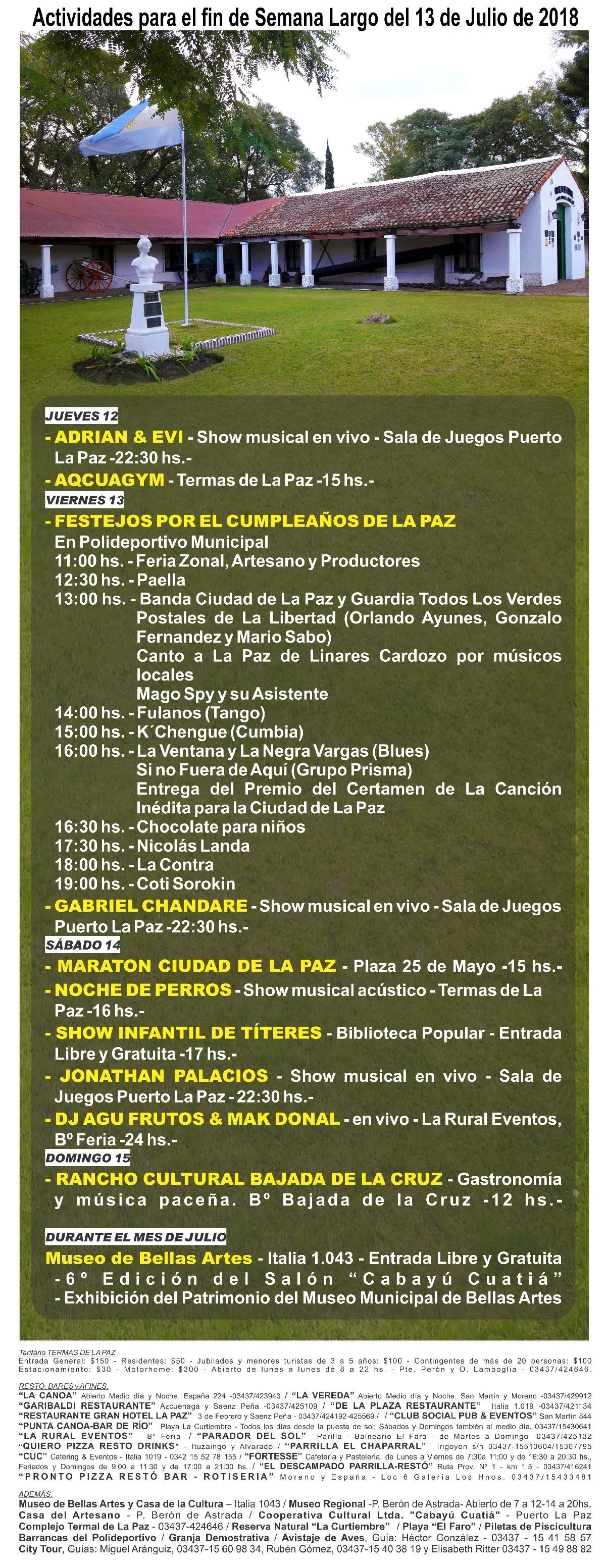 Actividades para el fin de Semana Largo del 13 de Julio de 2018